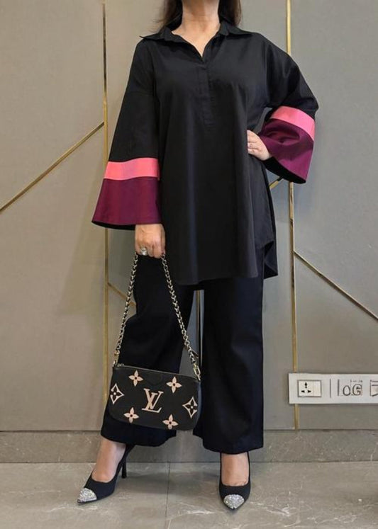 Black Farshi Suit Set With Pink and Marrom Sleeve for Women D6227 - kharidari