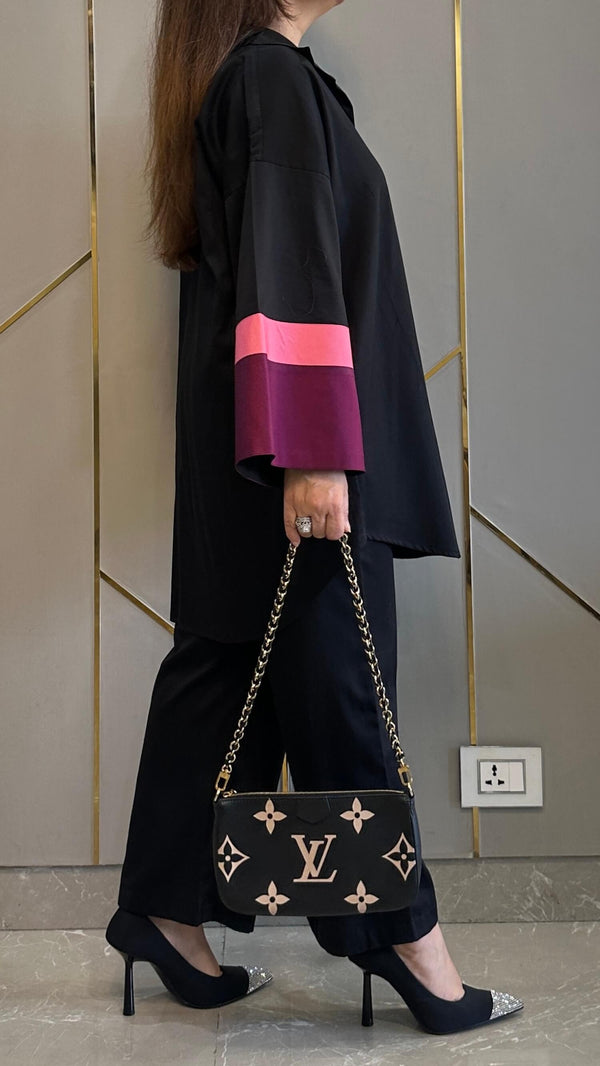 Black Farshi Suit Set With Pink and Marrom Sleeve for Women D6227 - kharidari