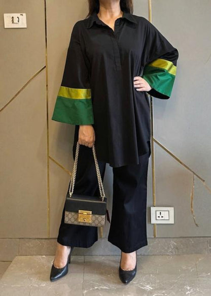 Black Farshi Suit Set With Deep Green and Lime Yellow Sleeve for Women D6228 - kharidari