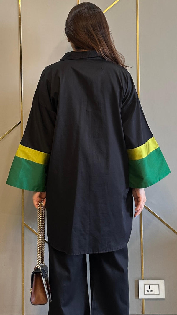 Black Farshi Suit Set With Deep Green and Lime Yellow Sleeve for Women D6228 - kharidari