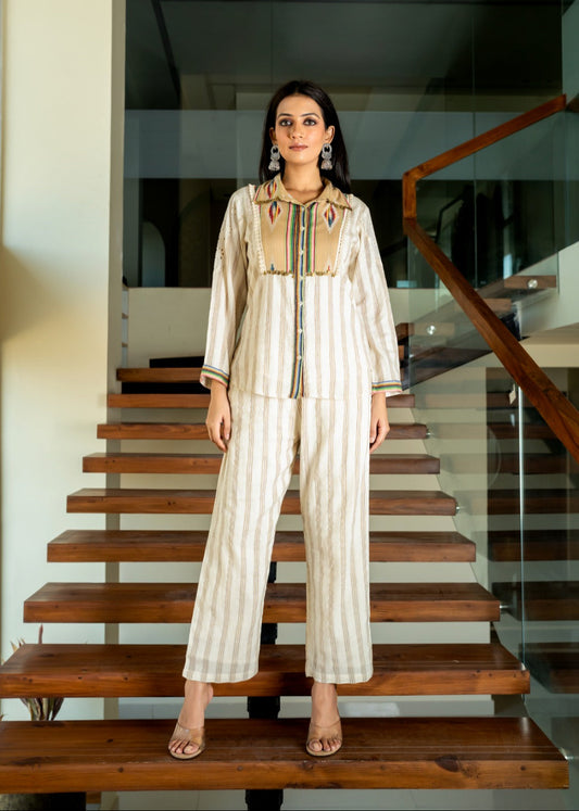 Elegant Beige Striped Stylish Co-ord Set D6270