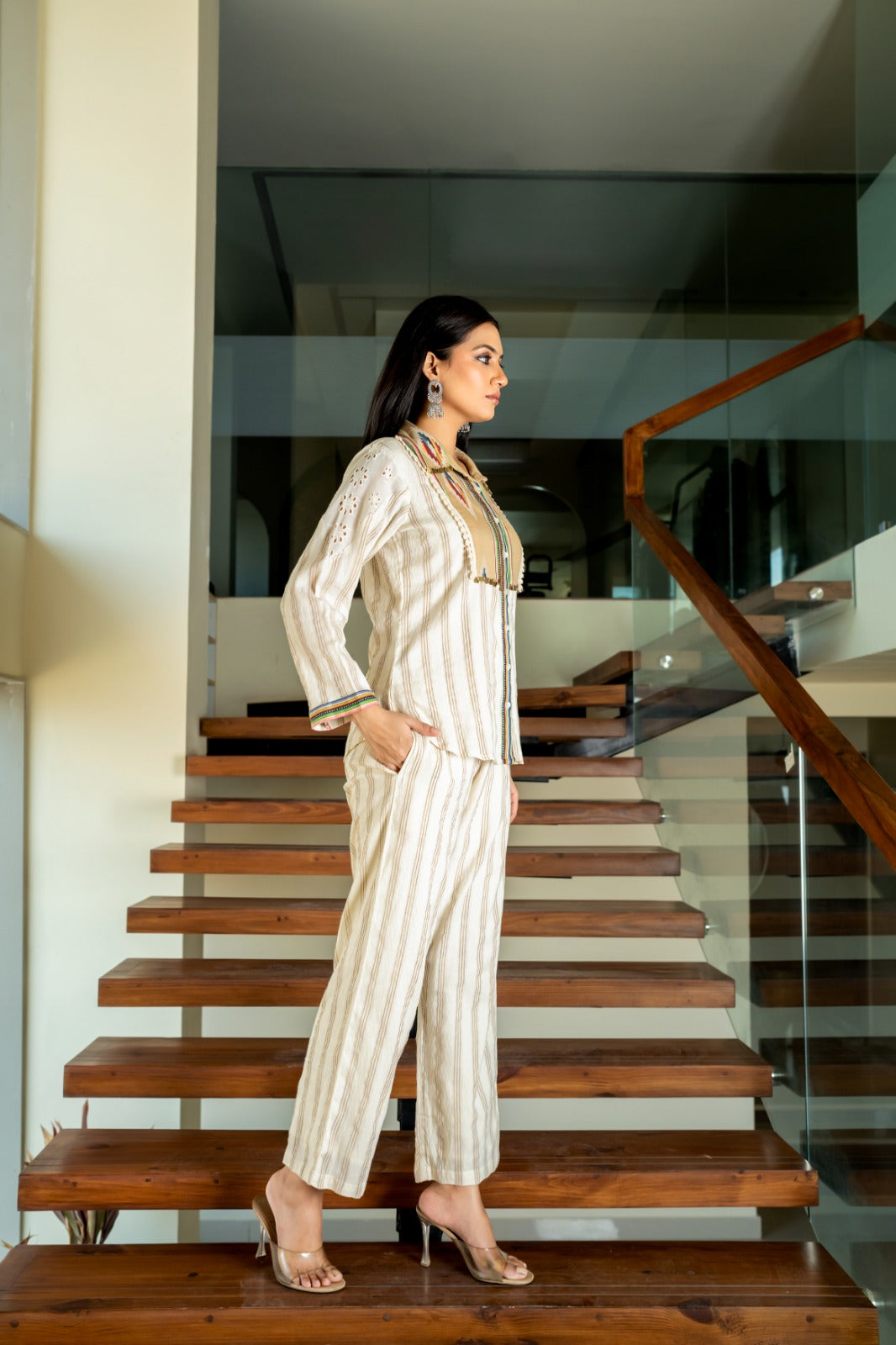 Elegant Beige Striped Stylish Co-ord Set D6270 - kharidari