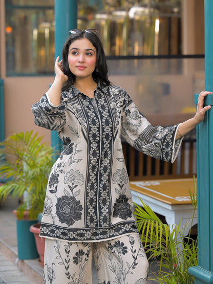 Elegant Black Floral Printed Pure Cotton Co-ord Set D6258 - kharidari