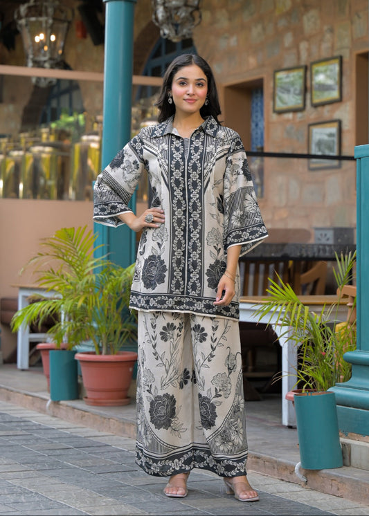 Elegant Black Floral Printed Pure Cotton Co-ord Set D6258