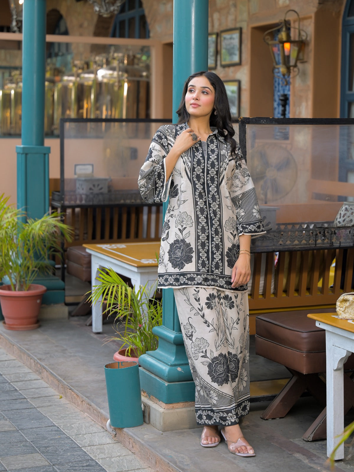 Elegant Black Floral Printed Pure Cotton Co-ord Set D6258 - kharidari