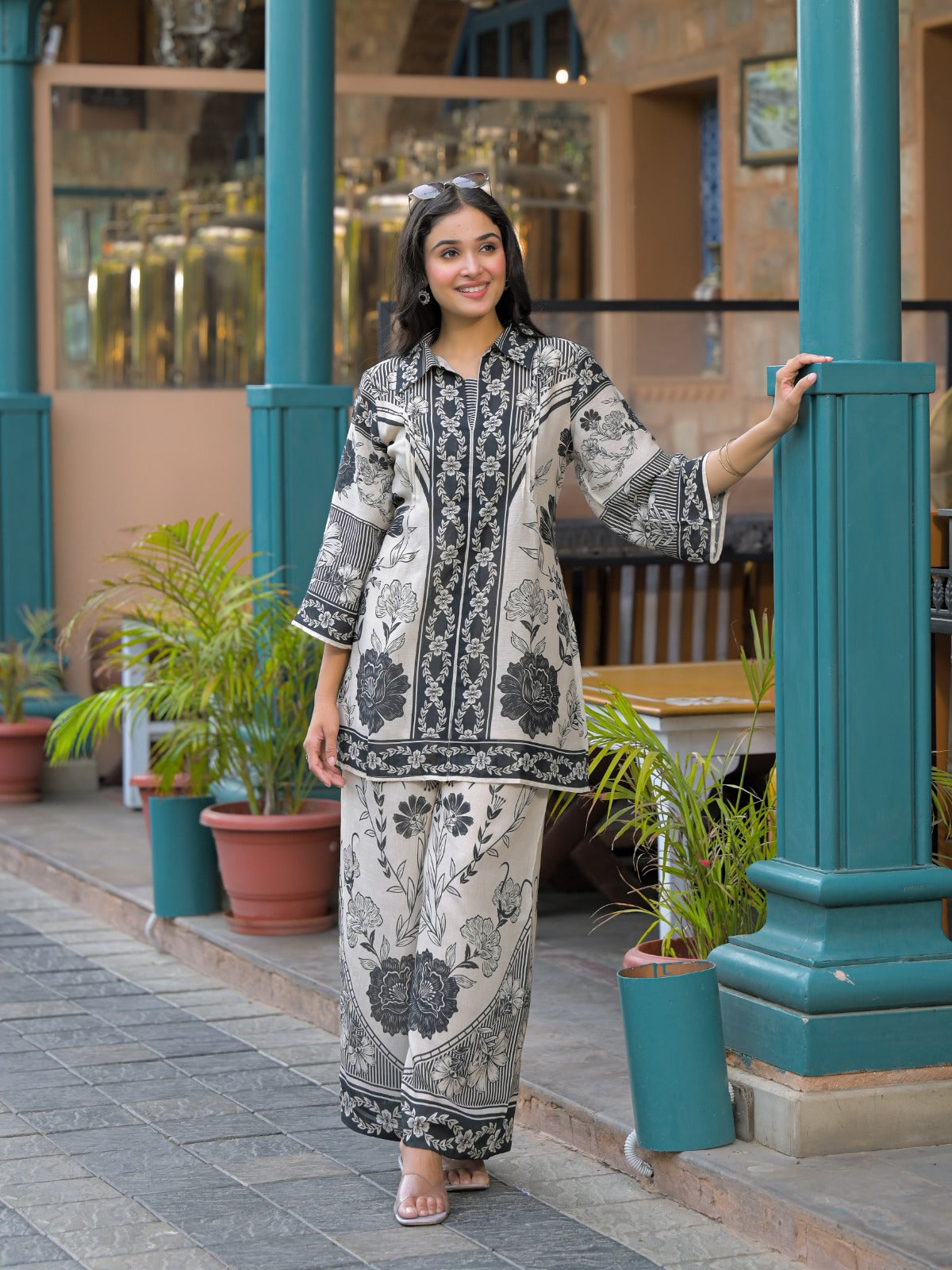 Elegant Black Floral Printed Pure Cotton Co-ord Set D6258 - kharidari