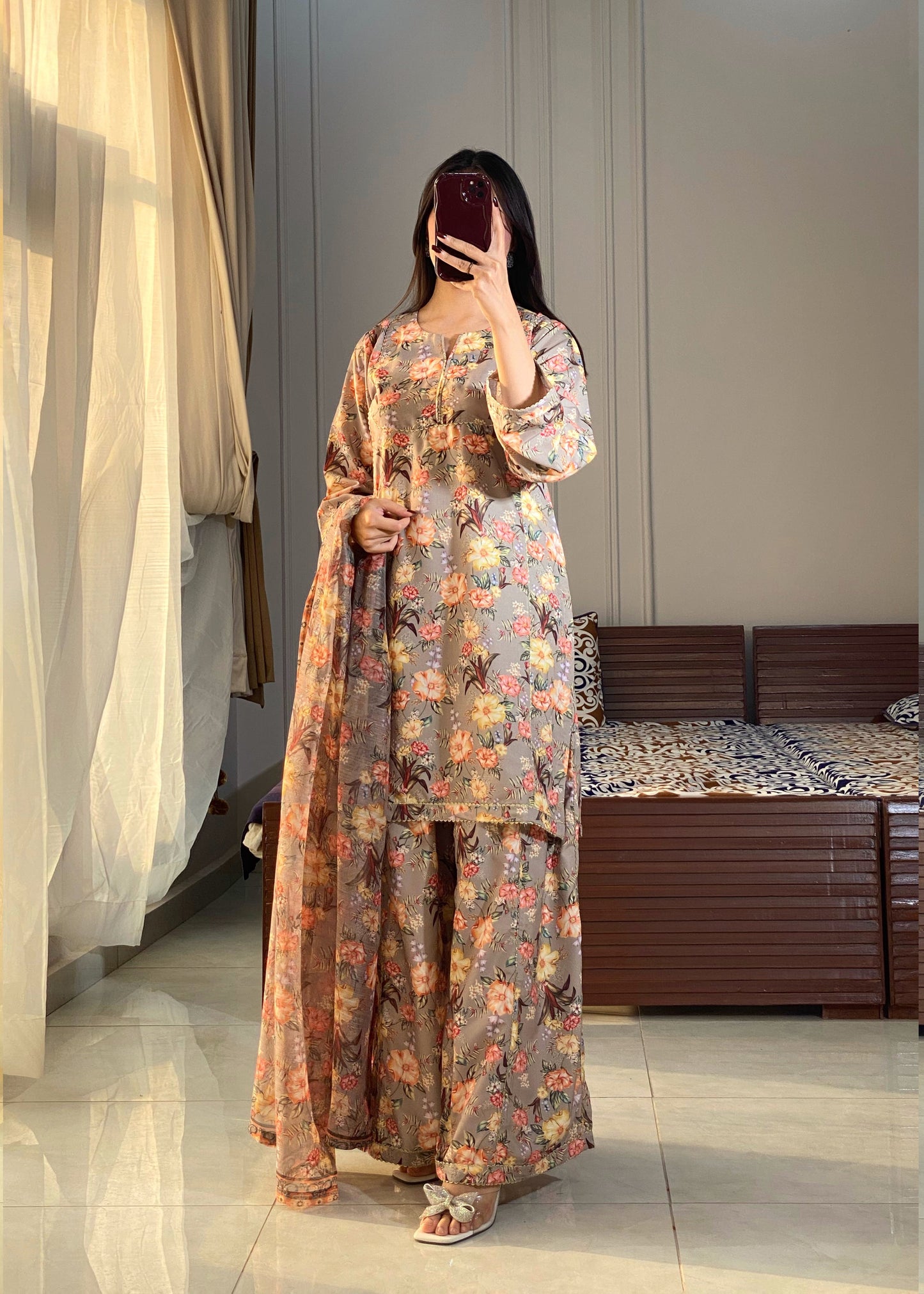 Elegant Floral Muslin Suit Set with Dupatta D6148