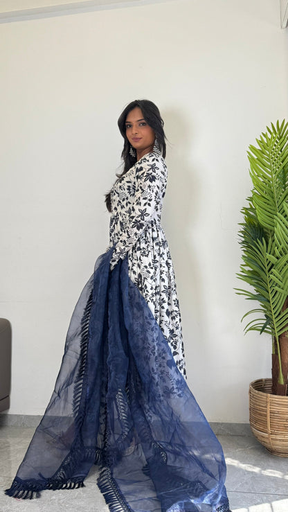 Classic Blue Printed Suit Set for Women  D6141 - kharidari