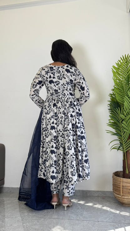 Classic Blue Printed Suit Set for Women  D6141 - kharidari