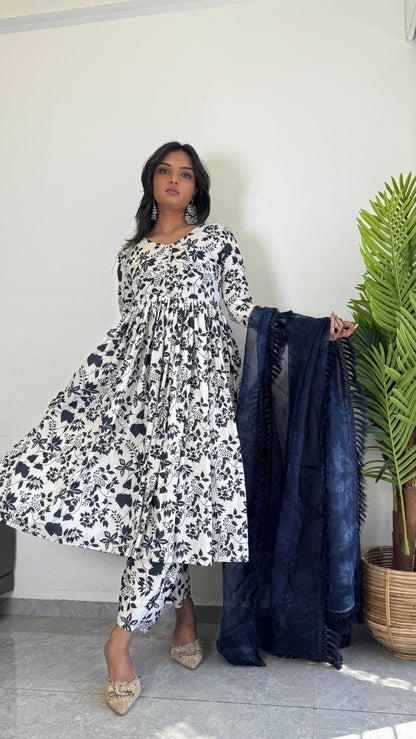 Classic Blue Printed Suit Set for Women  D6141 - kharidari