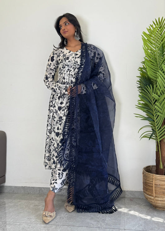 Classic Blue Printed Suit Set for Women  D6141 - kharidari