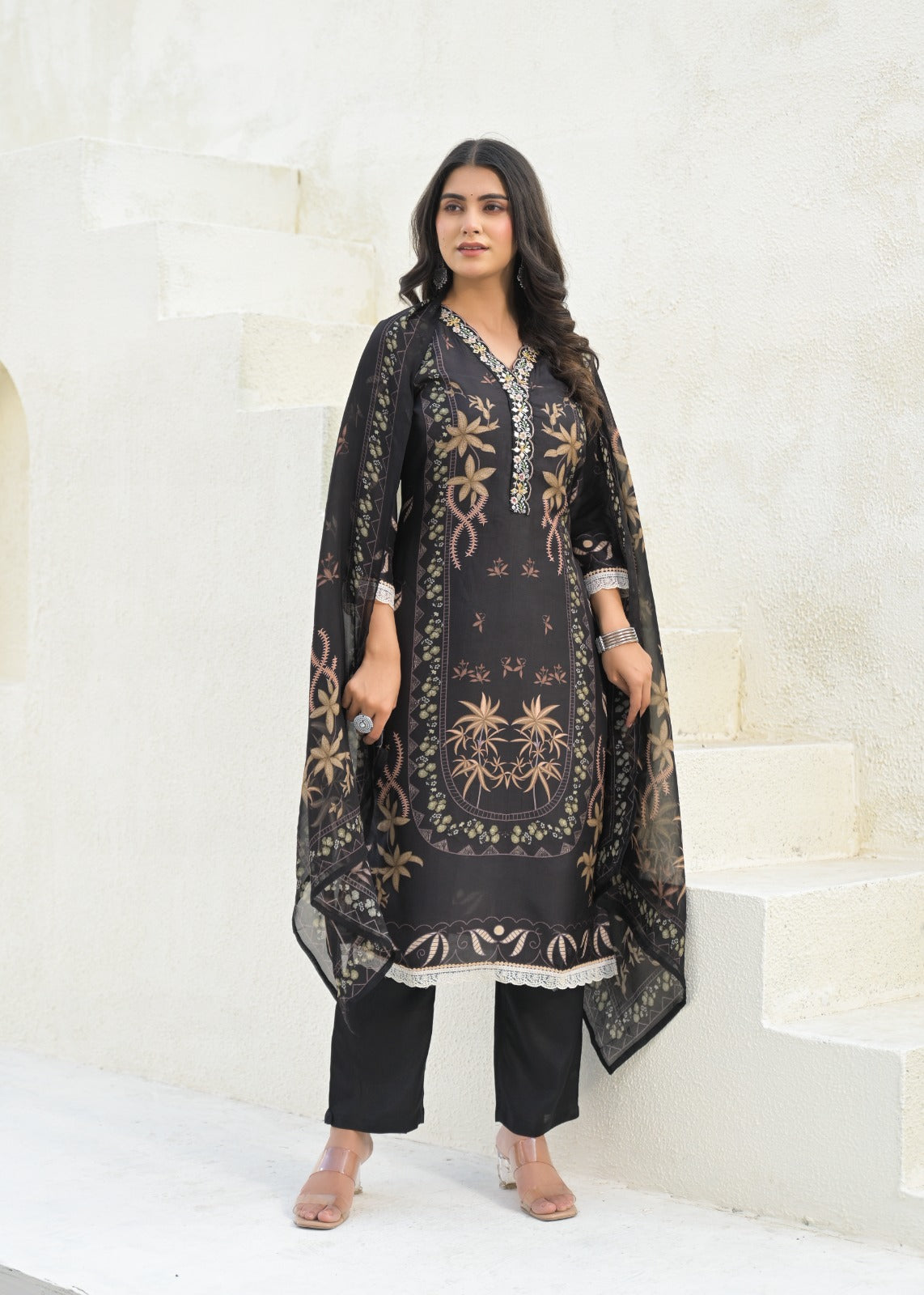 Elegant Pure Muslin Digital Printed Suit Set with Chiffon Dupatta D6265 - kharidari