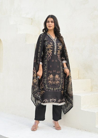 Elegant Pure Muslin Digital Printed Suit Set with Chiffon Dupatta D6265 - kharidari