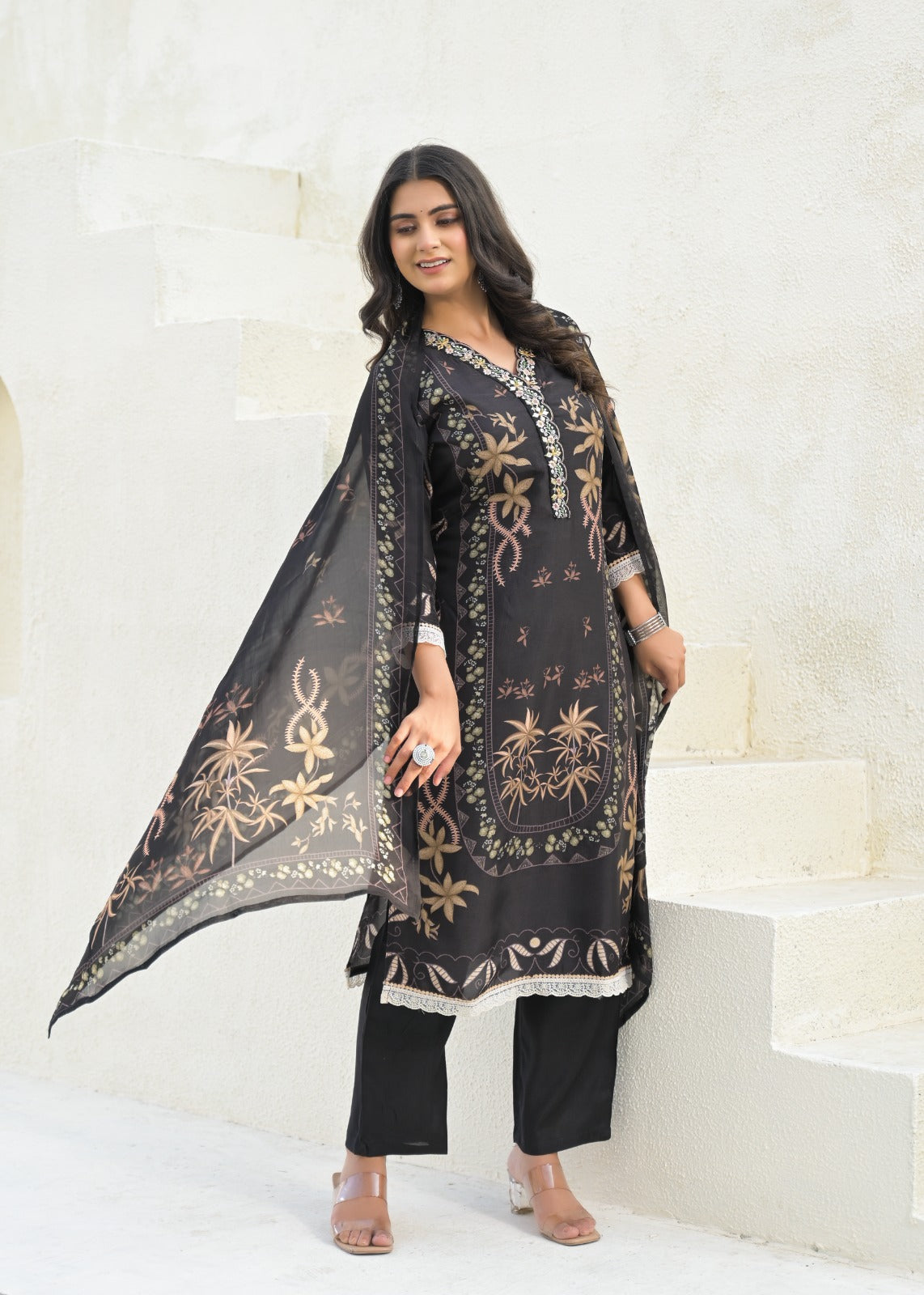Elegant Pure Muslin Digital Printed Suit Set with Chiffon Dupatta D6265 - kharidari