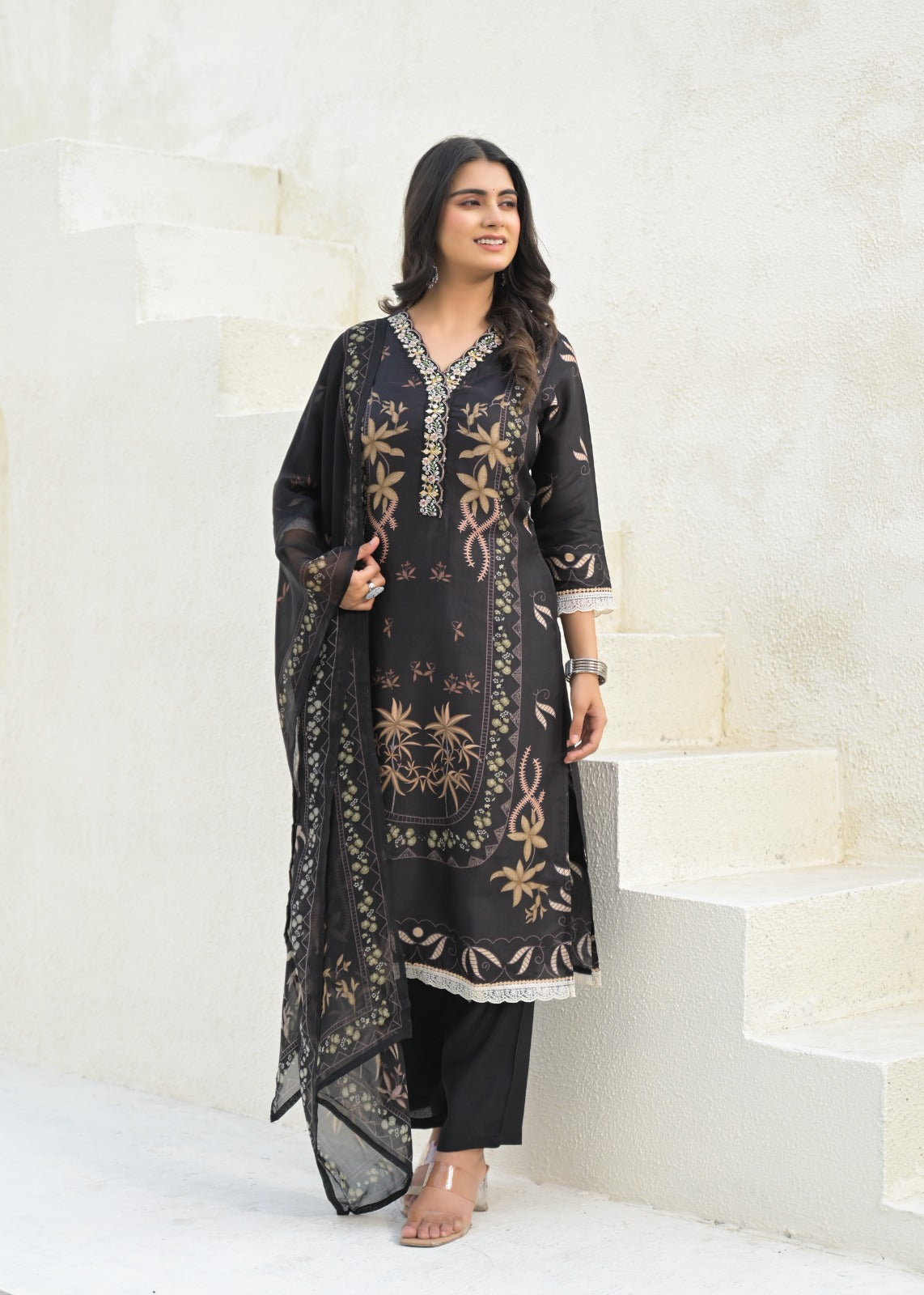 Elegant Pure Muslin Digital Printed Suit Set with Chiffon Dupatta D6265 - kharidari