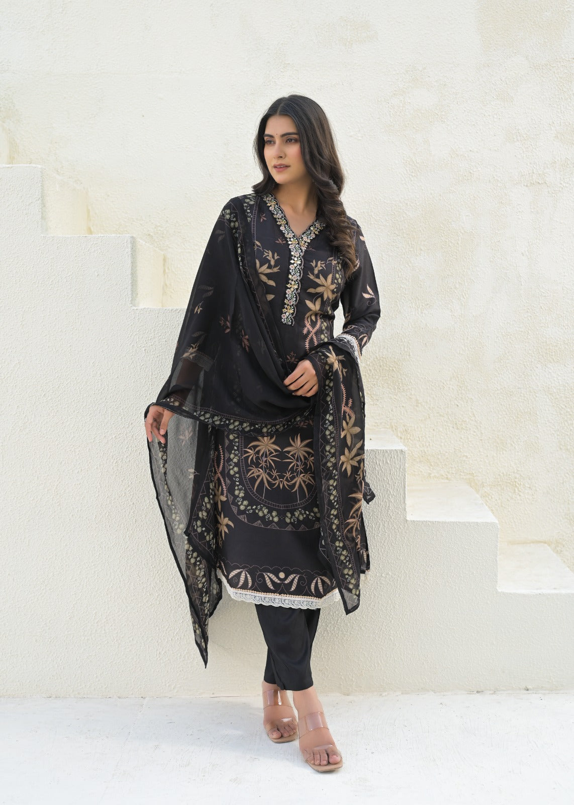 Elegant Pure Muslin Digital Printed Suit Set with Chiffon Dupatta D6265 - kharidari