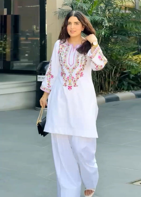 legance in White  Premium Jam Cotton Embroidered Co-ord Set D6244 - kharidari