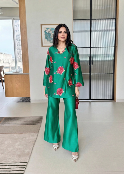 Emerald Green Embroidered Roman Silk Co-Ord Set D6340