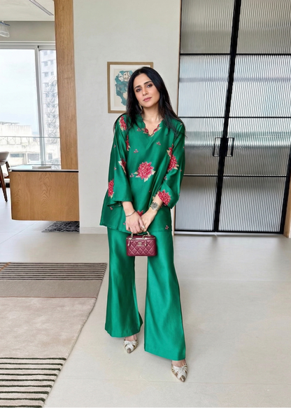 Emerald Green Embroidered Roman Silk Co-Ord Set D6340