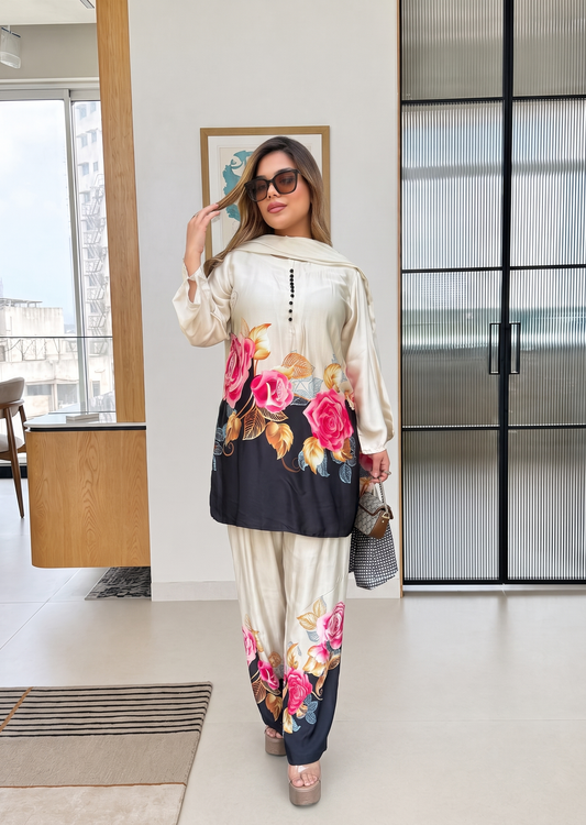Floral Printed Women's Crepe Silk Straight Kurta Set with Dupatta D6359