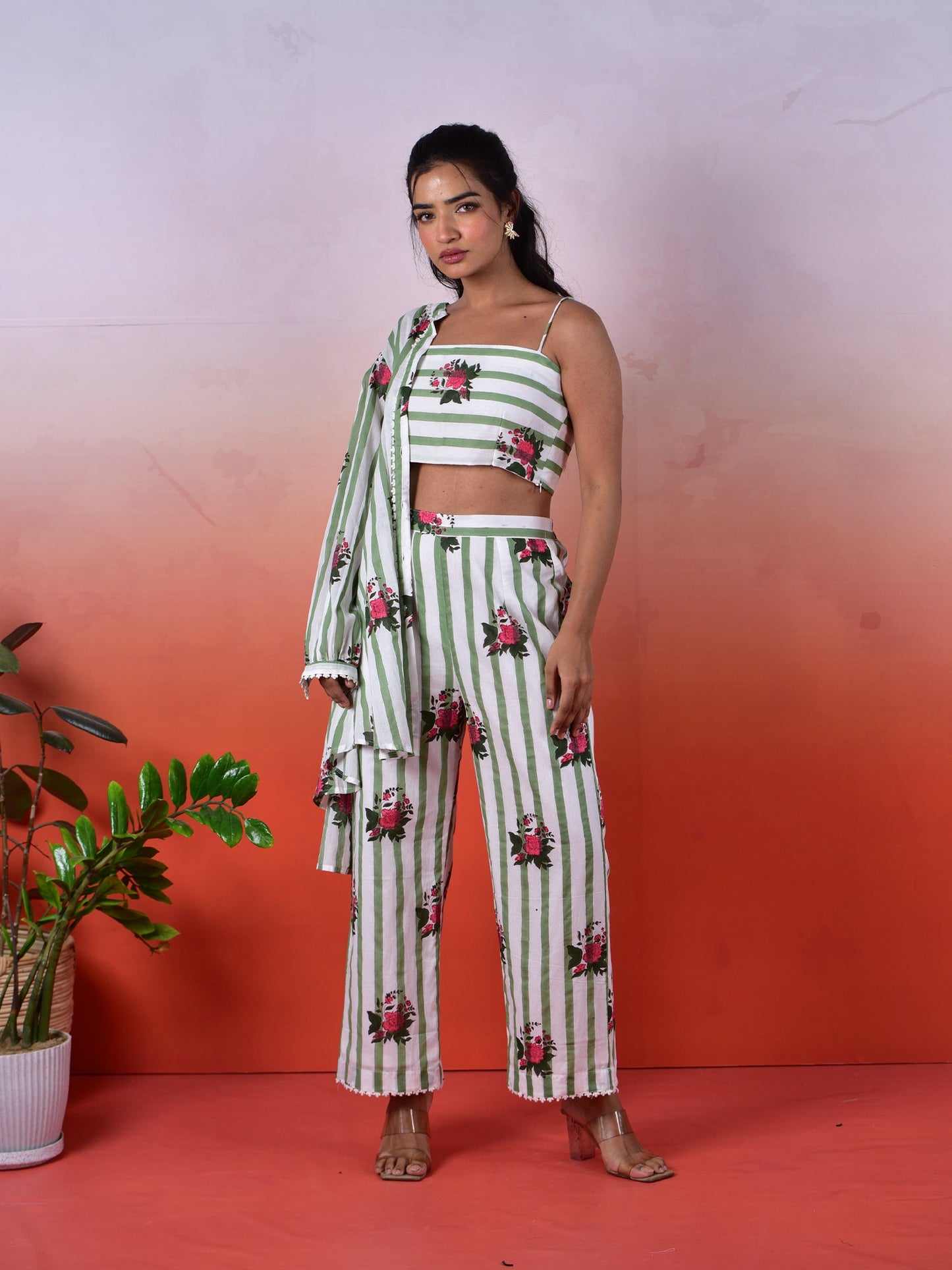 Beautiful Flower Printed Muslin Cotton 3 pcs. Co-ord Set D6059 - kharidari