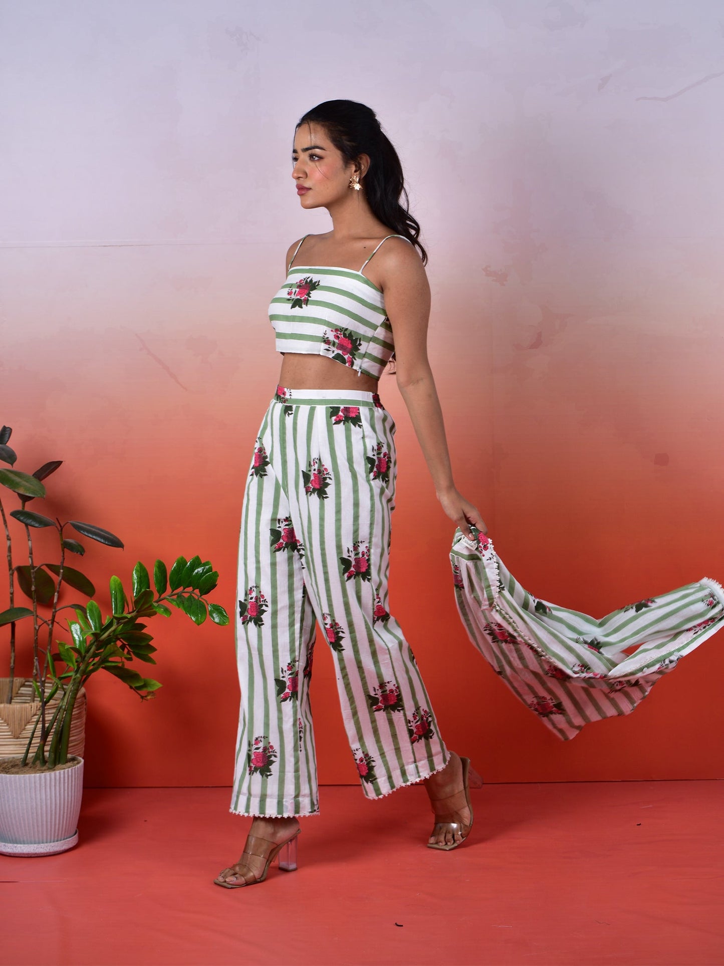 Beautiful Flower Printed Muslin Cotton 3 pcs. Co-ord Set D6059 - kharidari