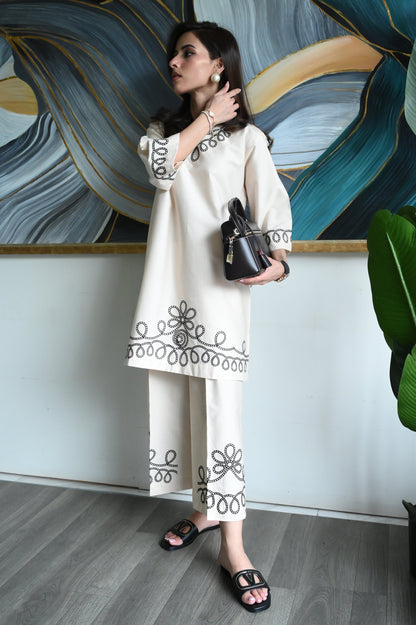 Geometric Floral Loop Design Embroidered Co-ord Set for Women D6297