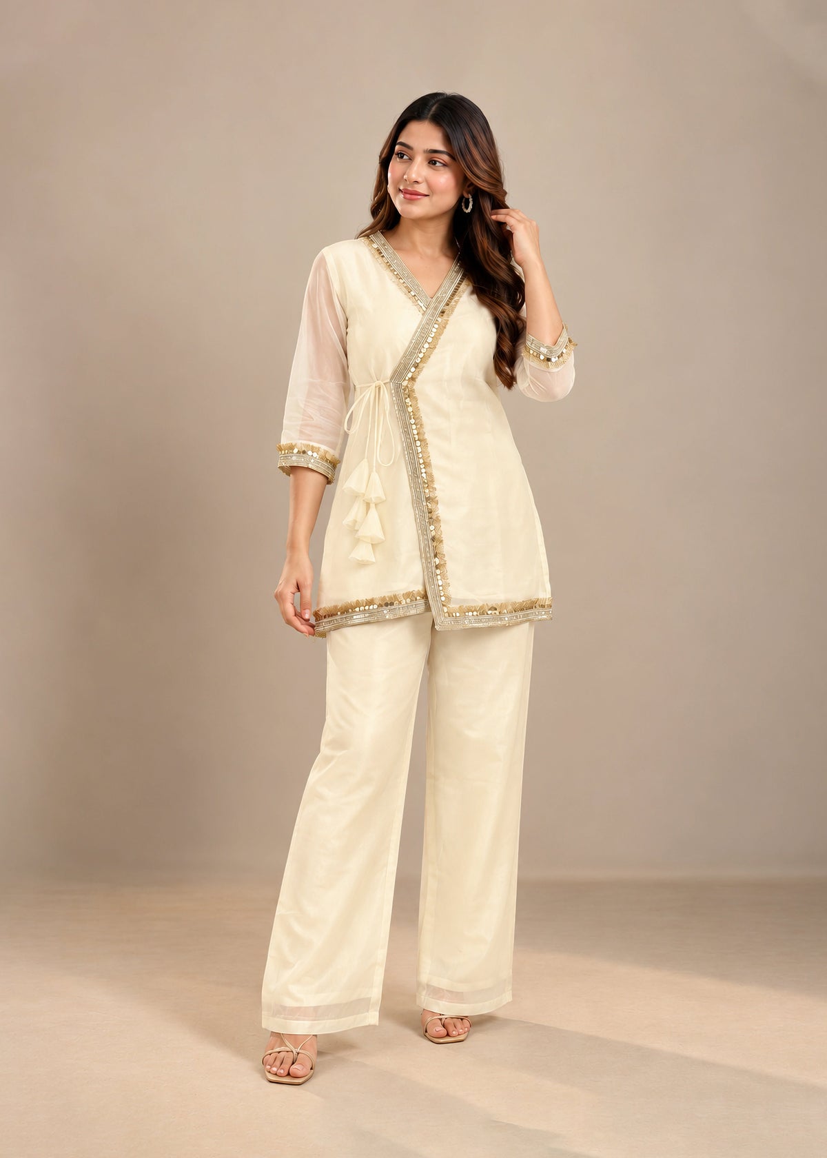 Ivory Gold Embellished Crystal Organza Fusion Co-ord Set for Women D6371