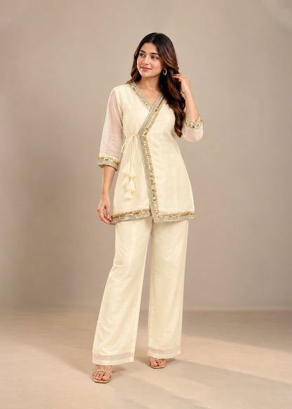 Ivory Gold Embellished Crystal Organza Fusion Co-ord Set for Women D6371