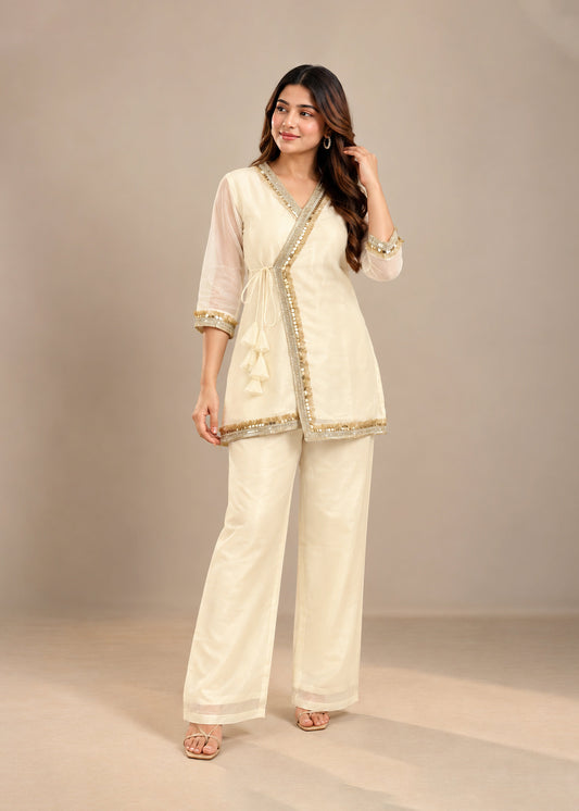 Ivory Gold Embellished Crystal Organza Fusion Co-ord Set for Women D6371