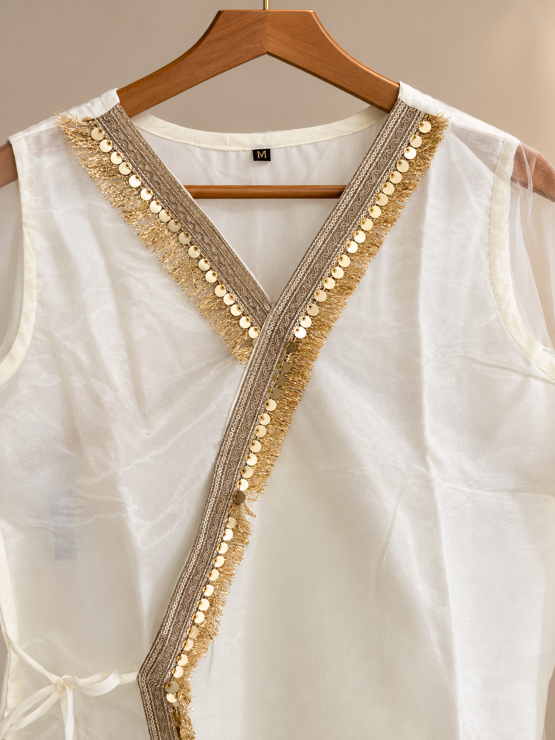 Ivory Gold Embellished Crystal Organza Fusion Co-ord Set for Women D6371