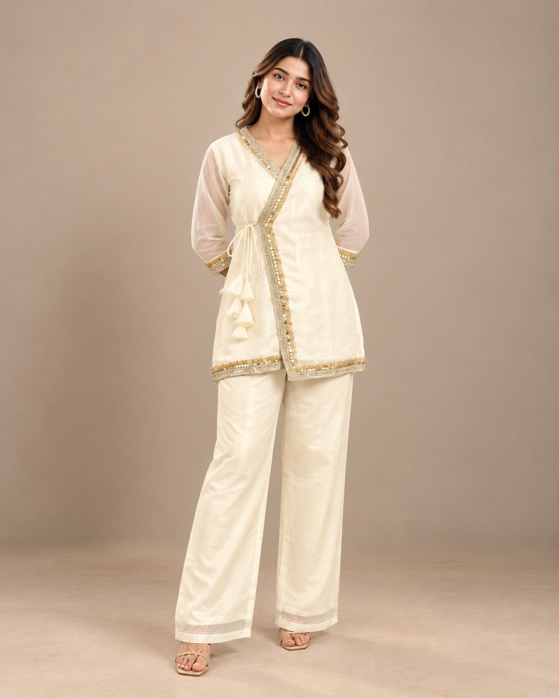 Ivory Gold Embellished Crystal Organza Fusion Co-ord Set for Women D6371