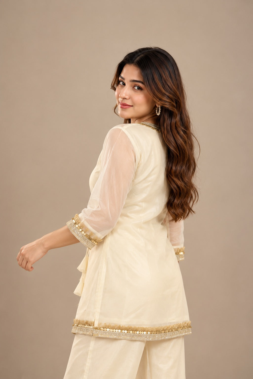 Ivory Gold Embellished Crystal Organza Fusion Co-ord Set for Women D6371