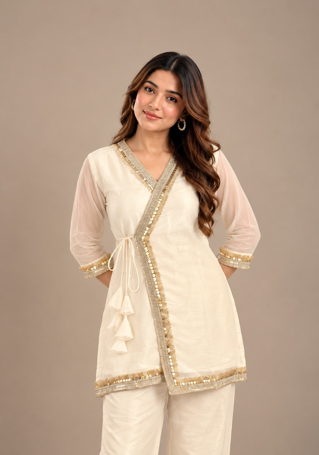 Ivory Gold Embellished Crystal Organza Fusion Co-ord Set for Women D6371