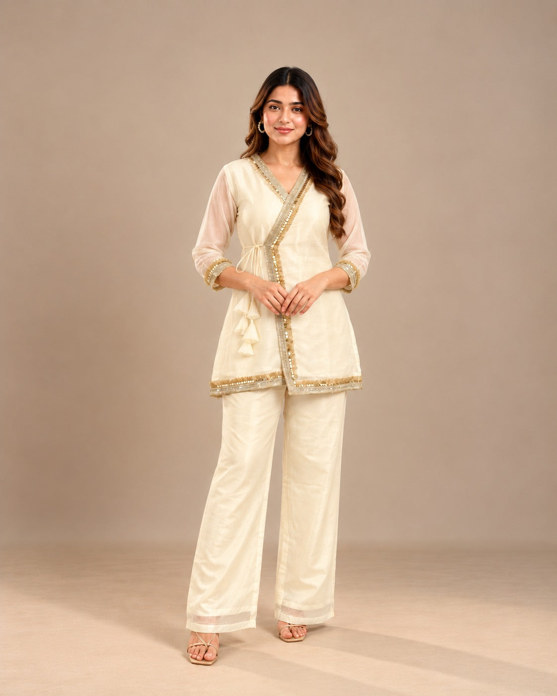 Ivory Gold Embellished Crystal Organza Fusion Co-ord Set for Women D6371