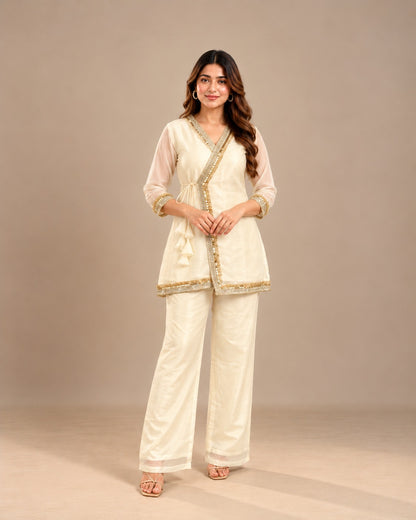 Ivory Gold Embellished Crystal Organza Fusion Co-ord Set for Women D6371