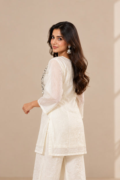 Ivory White Crystal Organza Co-Ord Set with Embellished Neckline for Women D6372