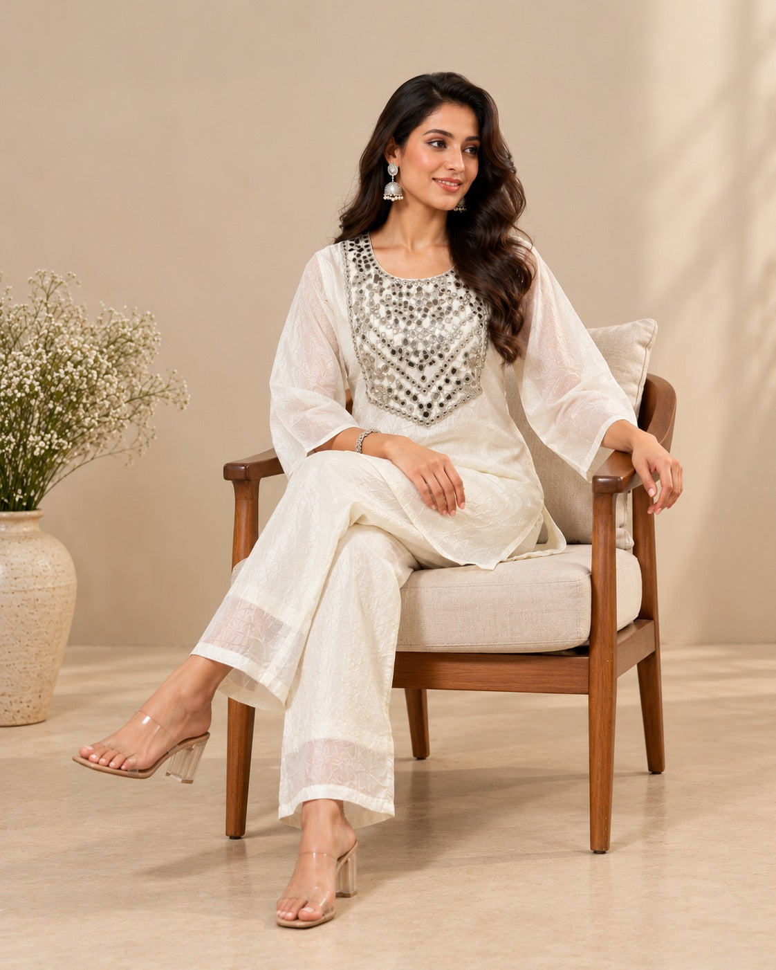 Ivory White Crystal Organza Co-Ord Set with Embellished Neckline for Women D6372