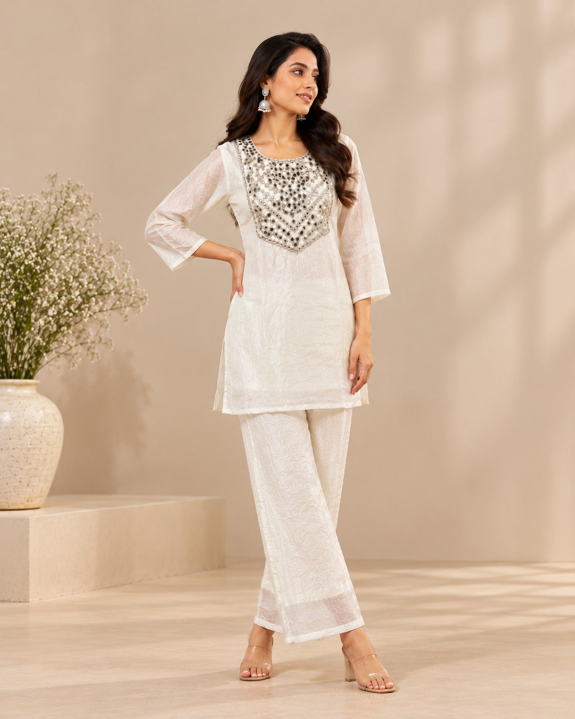 Ivory White Crystal Organza Co-Ord Set with Embellished Neckline for Women D6372