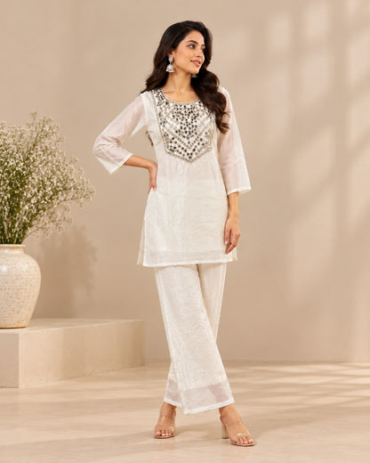 Ivory White Crystal Organza Co-Ord Set with Embellished Neckline for Women D6372