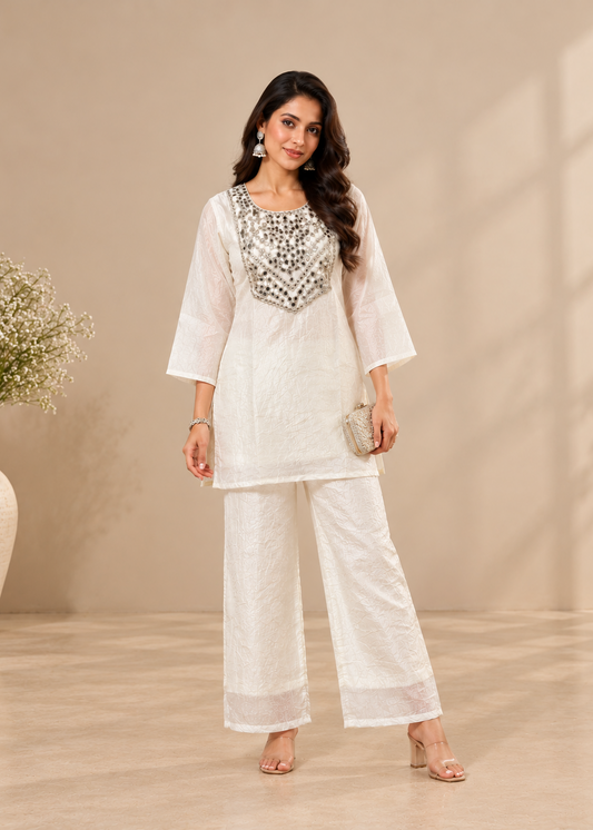 Ivory White Crystal Organza Co-Ord Set with Embellished Neckline for Women D6372