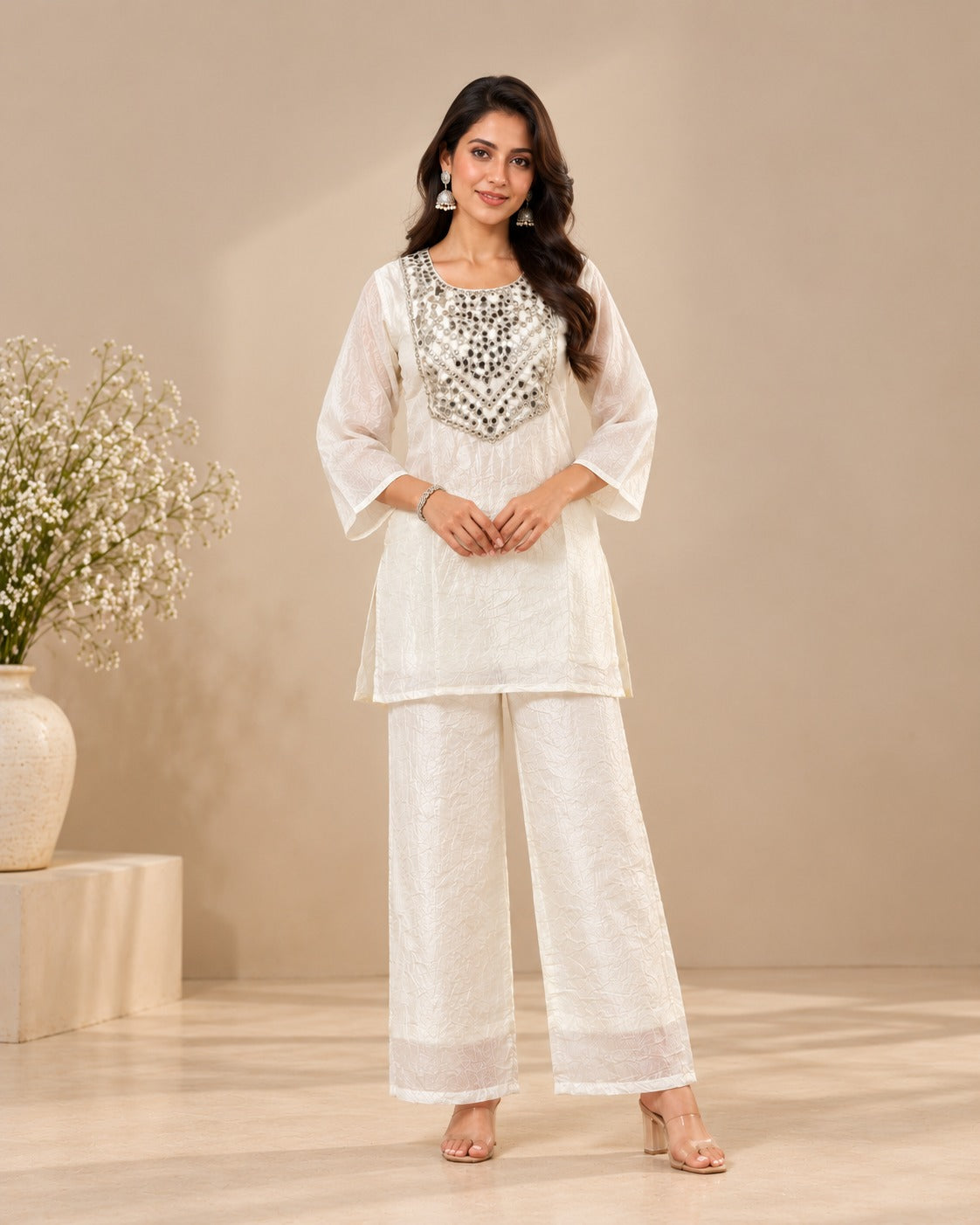 Ivory White Crystal Organza Co-Ord Set with Embellished Neckline for Women D6372