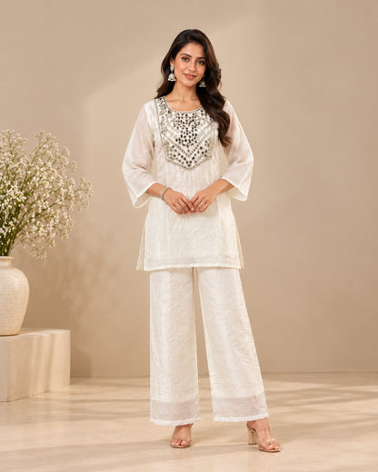 Ivory White Crystal Organza Co-Ord Set with Embellished Neckline for Women D6372