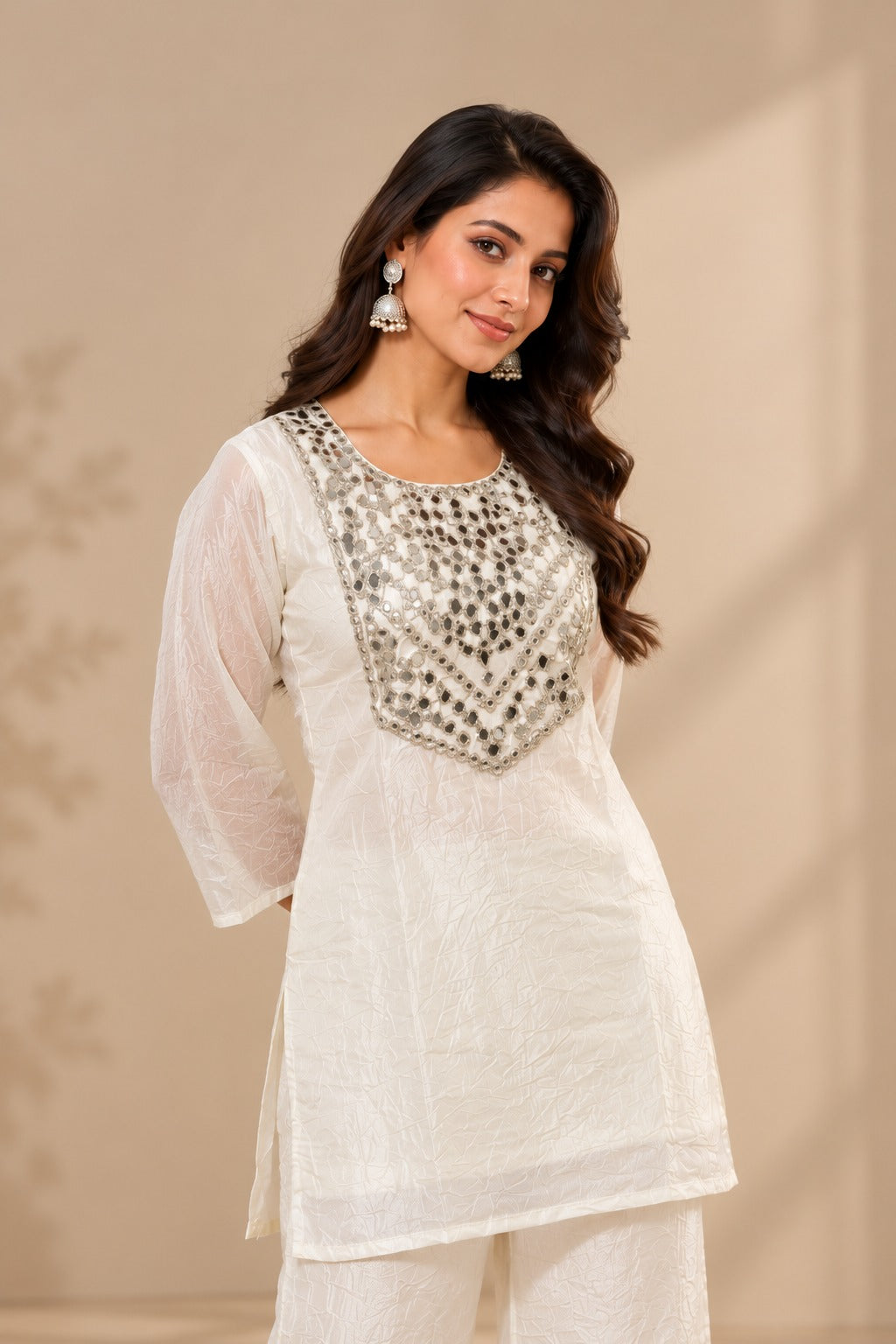 Ivory White Crystal Organza Co-Ord Set with Embellished Neckline for Women D6372