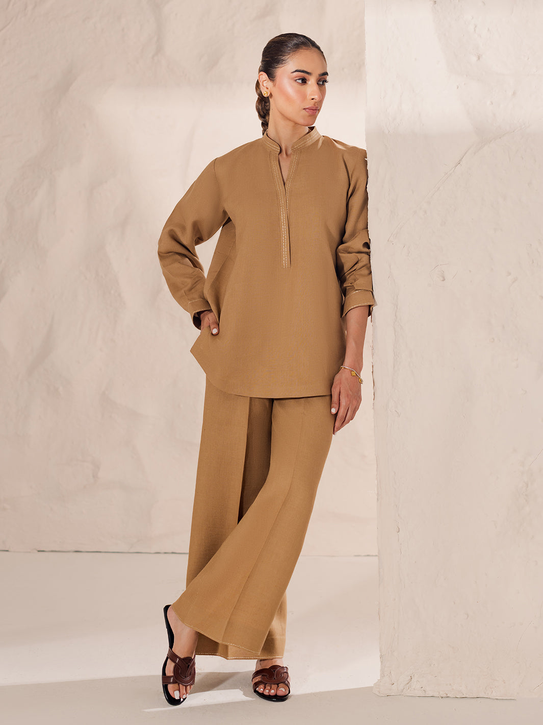 Light Brown Pure Cotton Co-Ord Set for Women | Elegant Kurta Top with Straight Pants D6330