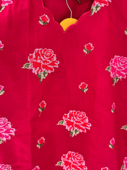 Luxury Roman Silk Embroidered Co-Ord Set in Hot Pink D6344