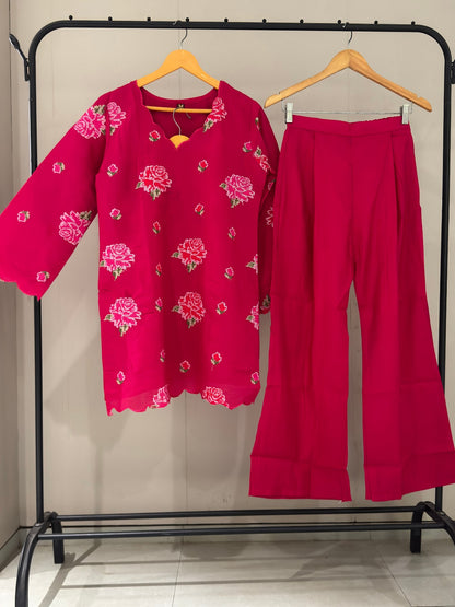 Luxury Roman Silk Embroidered Co-Ord Set in Hot Pink D6344