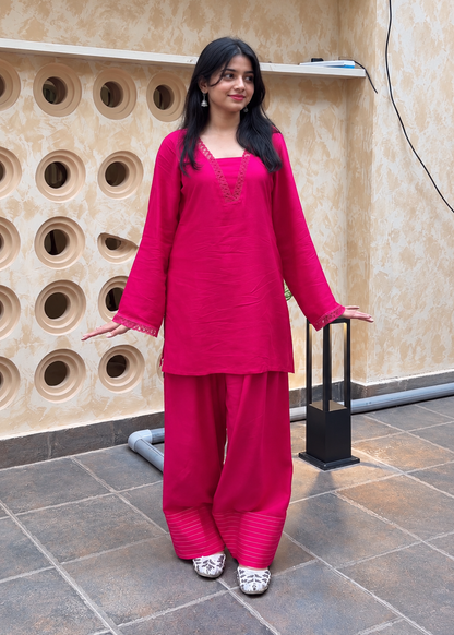 Magenta Rayon Kurta Palazzo Co-Ord Set with Lace Detailing D6374