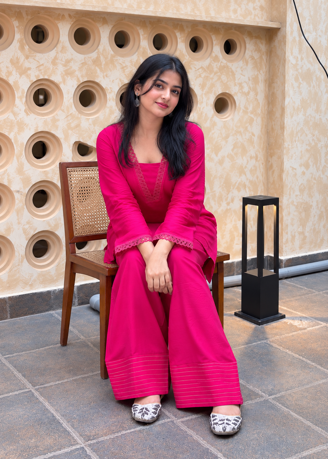 Magenta Rayon Kurta Palazzo Co-Ord Set with Lace Detailing D6374