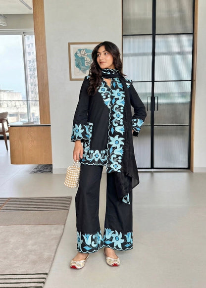 Midnight Black Embroidered Suit Set with Statement Dupatta D6342